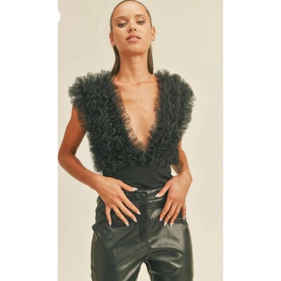 Klesis Women's Small Tulle Ruffled Black Deep-V Organza Bodysuit Sheer NEW - Picture 2 of 16